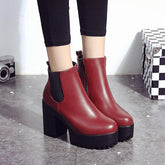 Leather High Pump Boots With Square Heel