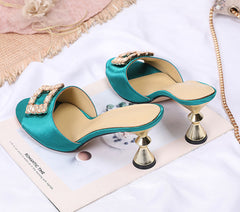 Sandalias de tacón alto con hebilla cuadrada y diamantes de imitación - Verde