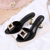 Rhinestone Square Buckle Embellished High Heel Sandals - Black