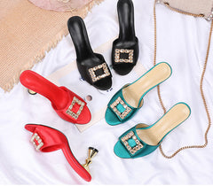 Sandalias de tacón alto con hebilla cuadrada y diamantes de imitación - Verde