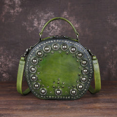Vintage Handgemachte Nieten Niedliche Runde Form Ledertasche