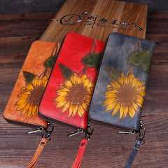 Carteras de cuero hechas a mano con diseño de girasol en 3D