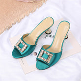 Rhinestone Square Buckle Embellished High Heel Sandals - Green