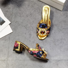 Floral Satin Open-Toe Block Heel Pumps - Gold