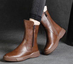 Damen Retro-Stiefel mit halbhohem Schaft für den Winter, Stiefel mit seitlichem Reißverschluss, Schwarz/Khaki