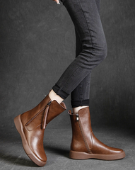 Damen Retro-Stiefel mit halbhohem Schaft für den Winter, Stiefel mit seitlichem Reißverschluss, Schwarz/Khaki