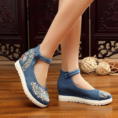 Zapatos planos bordados de mezclilla con tiras en el tobillo