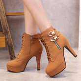 Casual High Heel Lace Up Ankle Boots With Buckles