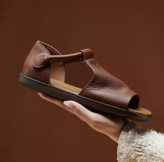 Designer Summer Shoes Genuine Sandals Square Toe Retro Flats Coffee/Brown