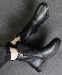 Damen Retro-Stiefel mit halbhohem Schaft für den Winter, Stiefel mit seitlichem Reißverschluss, Schwarz/Khaki