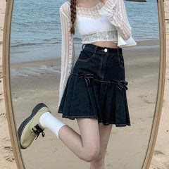 Denim-Faltenrock mit Schleife