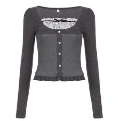 Coquette Aesthetic Grey Long Sleeve Top