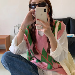 Weste mit Argyle-Muster in Grün und Rosa