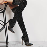 Stretch Heeled Over-The-Knee High Boots Decorated With Crystals