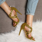 Striped Sandals on Thin High Heels