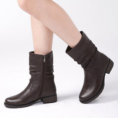 Botines de piel con punta redonda y tacón cuadrado