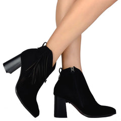 Botines cálidos de tacón cuadrado con borlas y efecto flocado