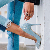 Denim Heeled Pumps Decorated With Rhinestones