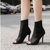 Autum Peep-Toe Knitted High-Heeled Ankle Boots