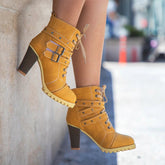 Nubuck High-Heeled Lace-Up Boots With Buckles & Rivets