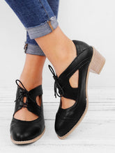 PU Leather Middle-Heeled Cross-Tied Retro Pumps