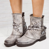 PU Leather Waterproof Ankle Boots With Rivets and Buckles