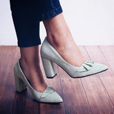 Square-Heeled Suede Pumps With Ruffles