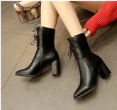 PU Leather High-Heeled Lace-Up Ankle Boots