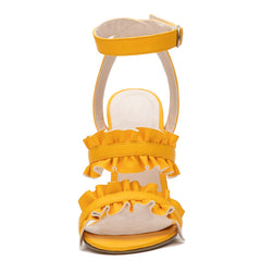 Sandalias de piel sintética con tacón cuadrado y volantes