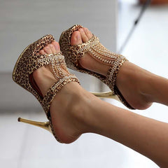 Female High Heels Flip Flops With Leopard Pattern