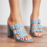 Denim Square-Heeled Flip Flops Decorated With Buckles