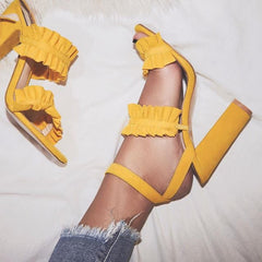 Sandalias de piel sintética con tacón cuadrado y volantes