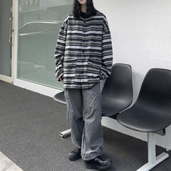 80er Oma Gestreifter Cardigan Pullover