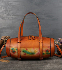 Damen Vintage Beuteltasche aus Leder mit Fischprägung