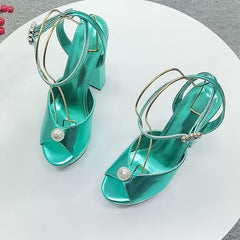 Bright Leather Thick Heel Open Toe Pearl Mirror Solid Color One-Buckle High Heels