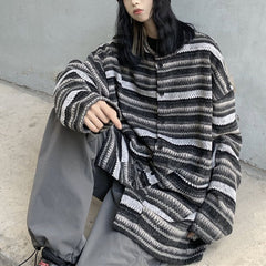 80er Oma Gestreifter Cardigan Pullover