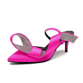 Round Toe Rhinestone Strap Stiletto High Heels - Rose Red