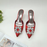 Rhinestone Flower Embellished Sandals - Red