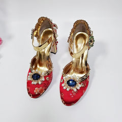 Leather Strap Thick Heel Round Toe Rhinestone High Heels