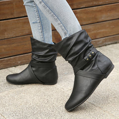 Mid-tube New Pleated Pile Boots Flat