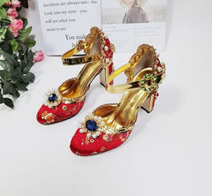 Leather Strap Thick Heel Round Toe Rhinestone High Heels