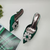 Rhinestone Flower Embellished Sandals - Green