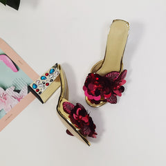 Colorful Rhinestone Flower Embellished Sequin Open Toe Sandals