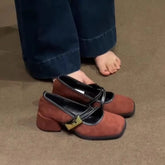 Chunky Heel Square Toe Shallow Leather Shoes