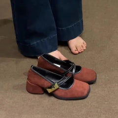 Chunky Heel Square Toe Shallow Leather Shoes