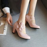 Comfort Heel Bowknot Strap Round Toe Pumps Shoes