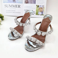 Zapatillas de tacón alto abiertas con punta redonda y diamantes de imitación plateados