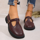 British Style Leather Flat Thick Heels
