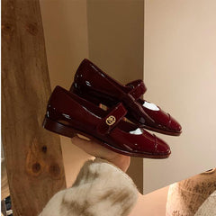 Red Mary Jane Leather Shoes With Metal Buckle