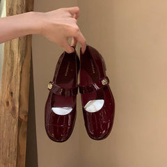 Red Mary Jane Leather Shoes With Metal Buckle
